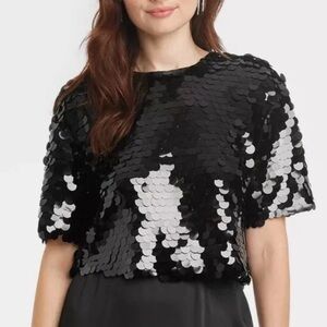 Sequin Black Top S NEW Bling Paillette Party Holiday Short Sleeve Crop Blouse